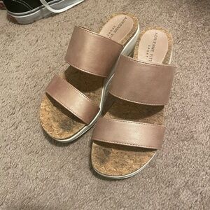 Adrienne Vittadini Rose Gold Dual-Strap Cork Wedge Slide Sandals